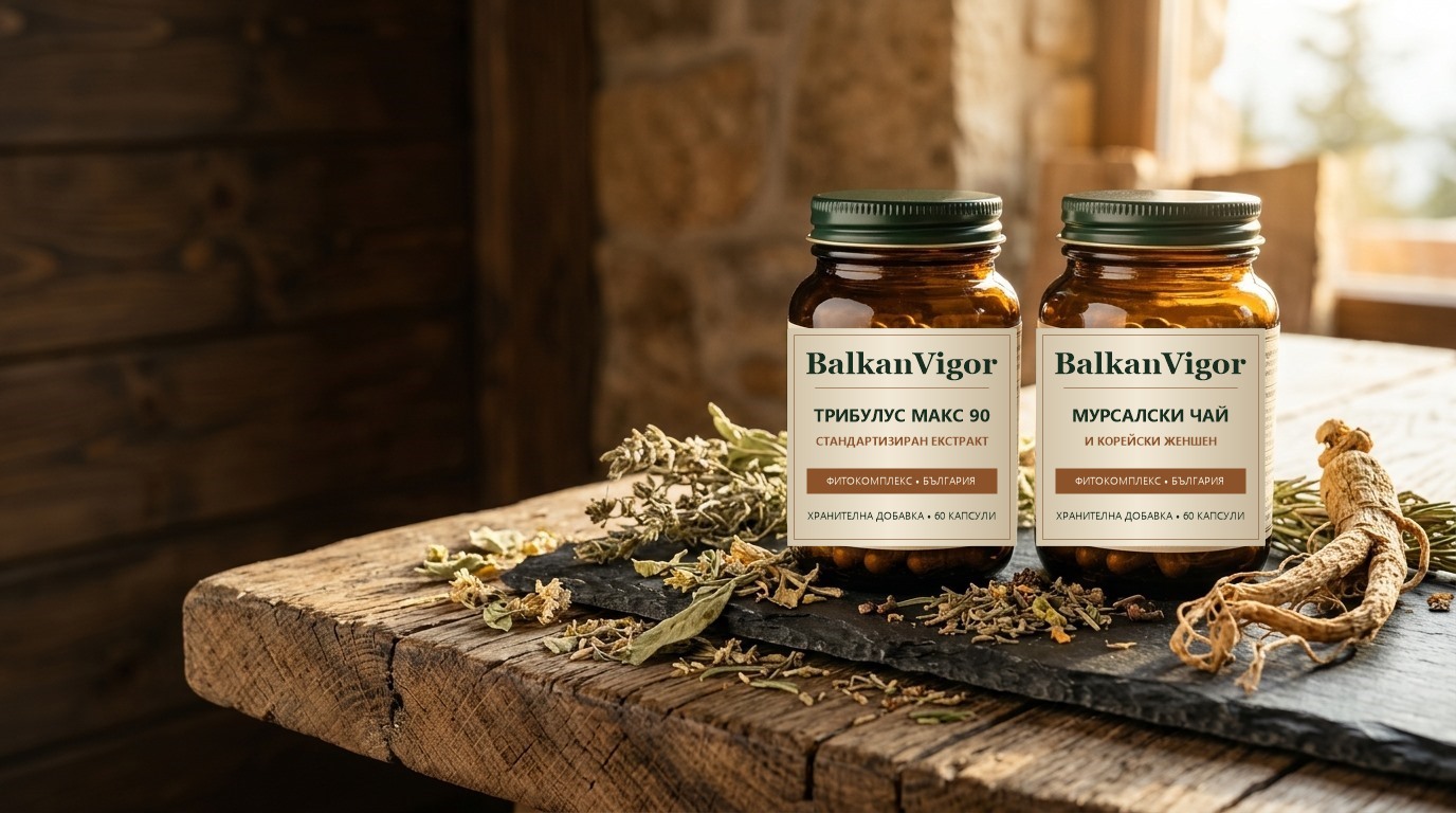 Стъклени буркани с капсули BalkanVigor Трибулус Макс 90 и Мурсалски Чай върху каменна плоча с планински билки