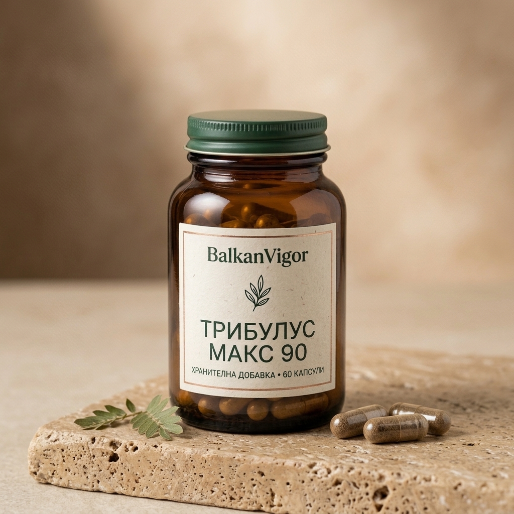 Тричетвърти ракурс на буркан BalkanVigor Трибулус Макс 90 с капсули и стрък бабини зъби