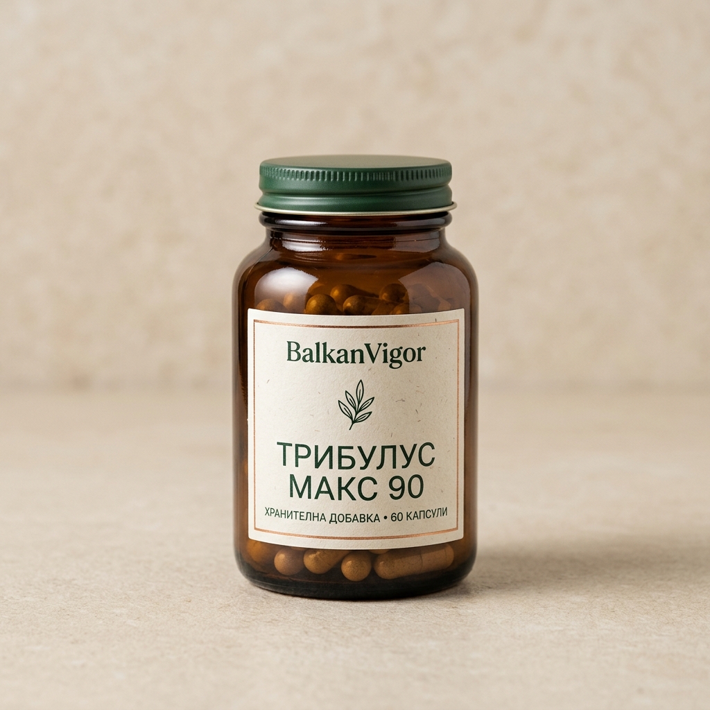 Тъмнокафяв стъклен буркан BalkanVigor Трибулус Макс 90 с 60 капсули